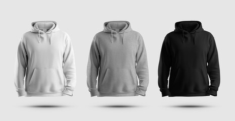 Mockup of white, black, heather oversized hoodie, 3D rendering, set of clothes for design, print, branding, advertising.