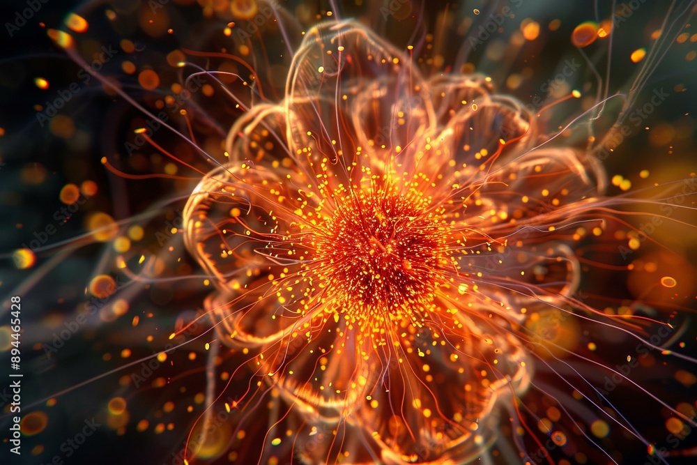 Poster vibrant and dynamic abstract glowing particle explosion digital illustration with fiery radiance and