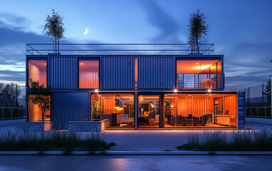 a modern modular home constructed from shipping containers, mobile,  house, captivating,  Shipping Container Tiny Home, steel containers, supreme quality, superior lighting