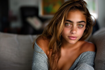 Fototapeta premium Young woman relaxing wearing a blanket on the sofa in a casual pose