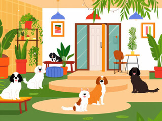 Fototapeta premium Colorful indoor setting featuring diverse dog breeds relaxing among plants, bright furniture, and welcoming entrance