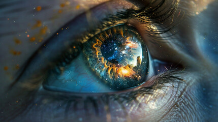 Close-up of an eye with a galaxy reflected in the pupil