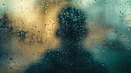Close-up of a shadowy figure standing behind a frosted glass pane