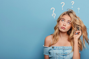young beautiful thinking with question mark