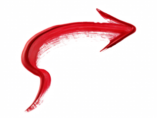 A red, hand-painted arrow curving upwards on a white background, indicating direction and movement
