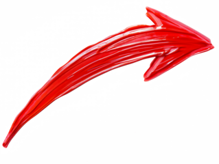 A bright red, upward-curving arrow painted with broad brush strokes on a white background, indicating movement or direction