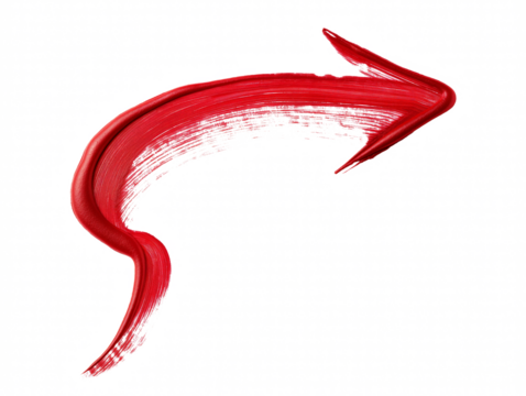 A red, hand-painted arrow curving upwards on a white background, indicating direction and movement