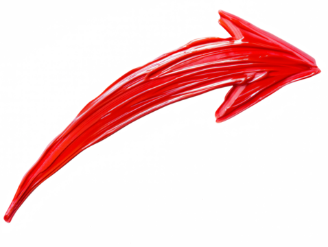 A bright red, upward-curving arrow painted with broad brush strokes on a white background, indicating movement or direction