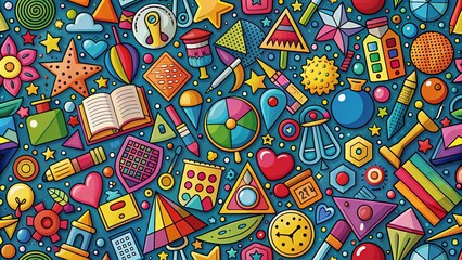 Vibrant back to school background explodes with colorful geometric shapes and symbols representing various academic subjects, conveying excitement and intellectual curiosity.