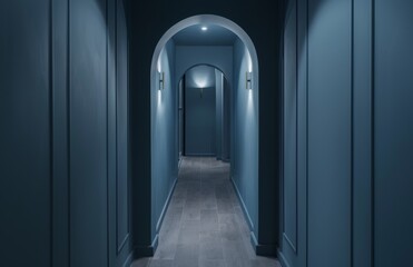 Interior of a corridor with dark blue walls and floor.