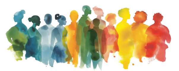 A vibrant watercolor painting of a diverse group of people standing together, showcasing unity and diversity through colorful, abstract silhouettes