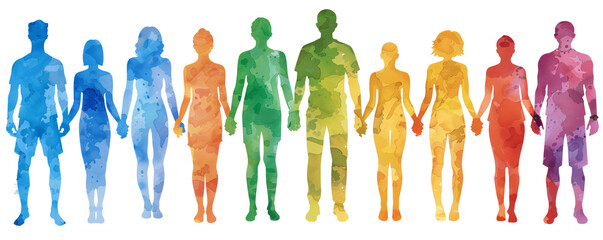 A vibrant watercolor painting of a diverse group of people holding hands, symbolizing unity and diversity with colorful abstract silhouettes against a white background