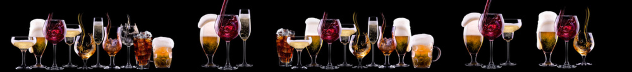 Different alcohol cocktails like beer, martini, soda, champagne, whiskey