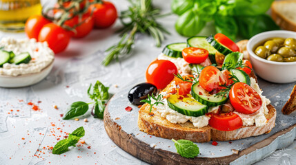 Freshly prepared bruschetta topped with cherry tomatoes, cucumber, herbs, and olive spread on wooden cutting board