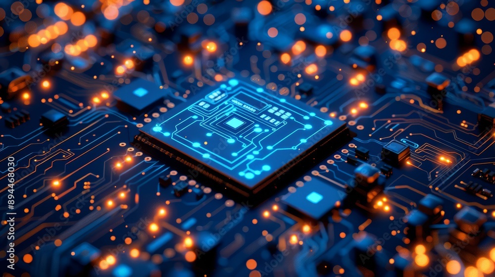 Poster an advanced microchip is placed on a circuit board with illuminated lights symbolizing hightech elec