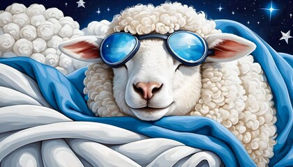 white beautiful relaxed wool sheep with blue eyes mask for sleeping, protected by a blue blanke, night