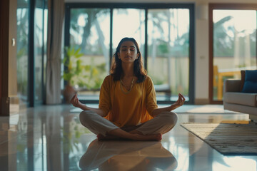 young indian woman doing yoga at home