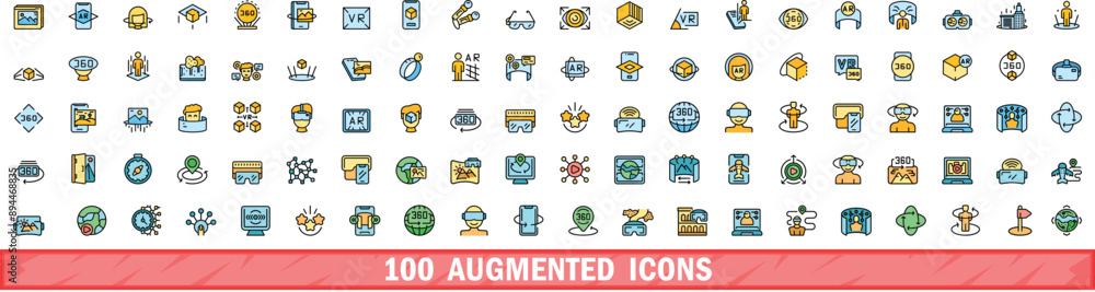 Poster 100 augmented icons set. color line set of augmented vector icons thin line color flat on white