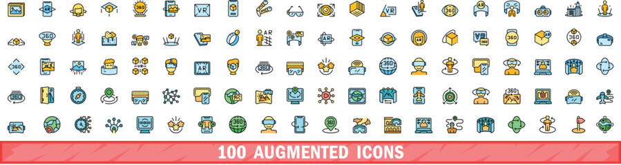 100 augmented icons set. Color line set of augmented vector icons thin line color flat on white