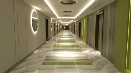 Minimalist hallway with green accents and modern lighting