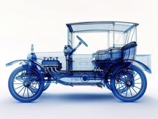 Fototapeta premium Car 1900s visualization with augmented reality Transparent car in studio drawing in blue colors.