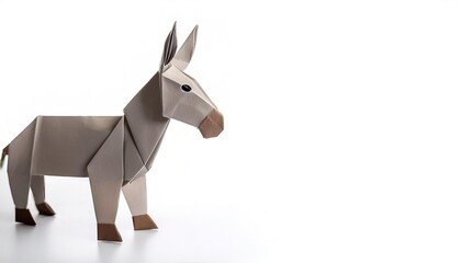 Animal concept origami isolated on white background of a donkey or wild jack ass - Equus africanus asinus - a domesticated equine and used mainly as work, draught or pack animals, simple starter craft