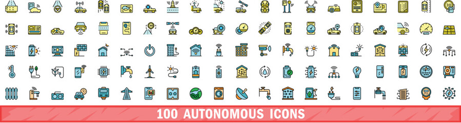 100 autonomous icons set. Color line set of autonomous vector icons thin line color flat on white