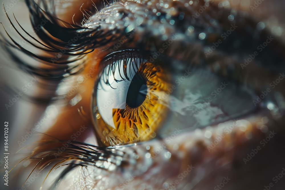 Poster closeup shot capturing the intricate patterns and colors of a human iris and eyelashes