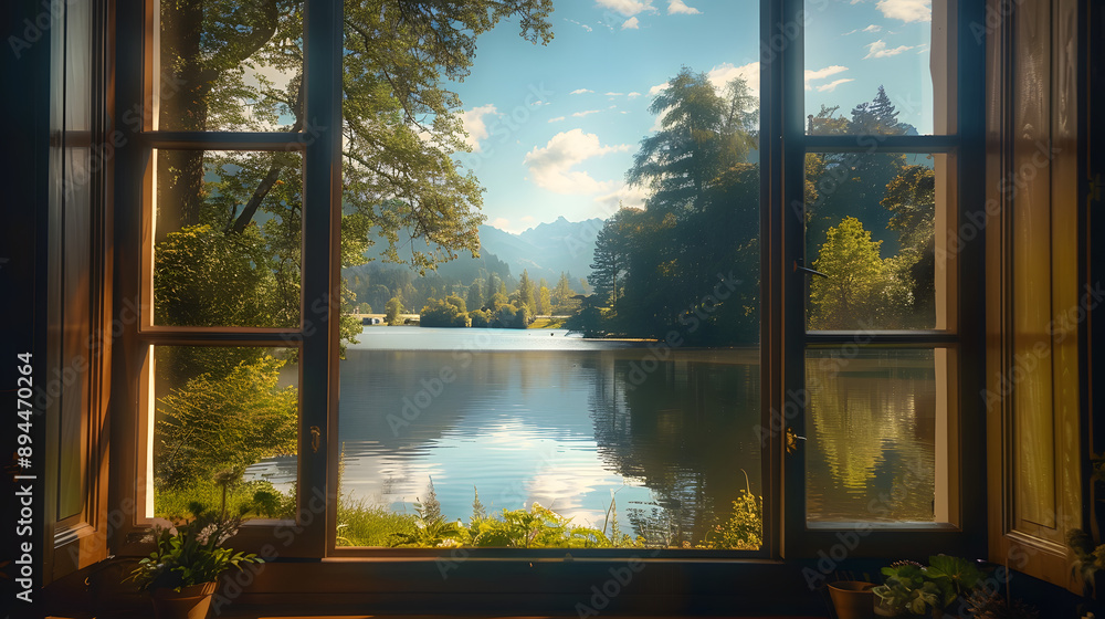 Poster tranquil view from a window overlooking a lake