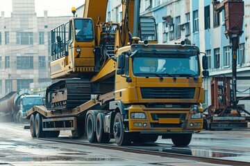 Truck with heavy machinery secured on it 