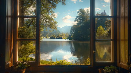 Tranquil view from a window overlooking a lake
