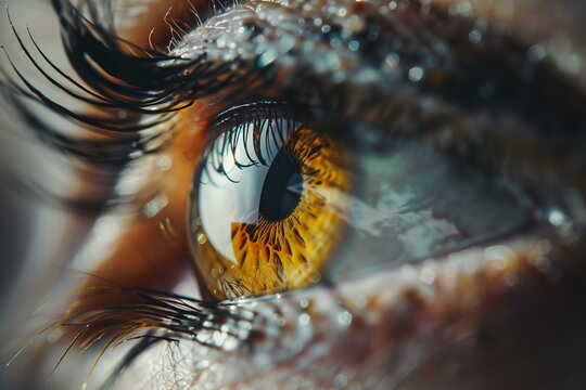 Closeup shot capturing the intricate patterns and colors of a human iris and eyelashes