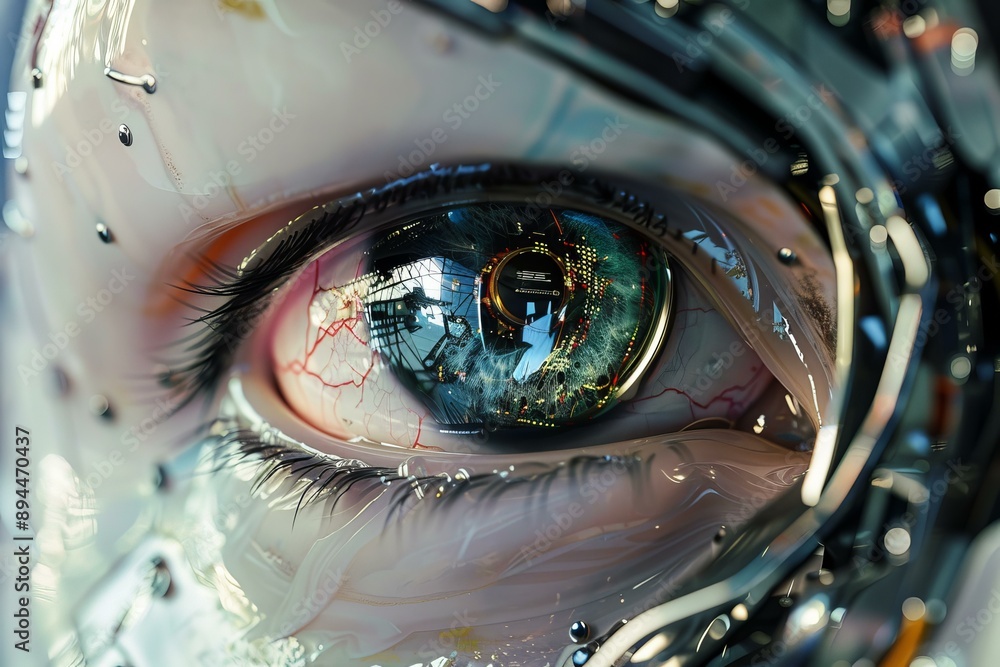 Aufkleber closeup futuristic cyborg eye with advanced robotic technology and artificial intelligence. cybernet