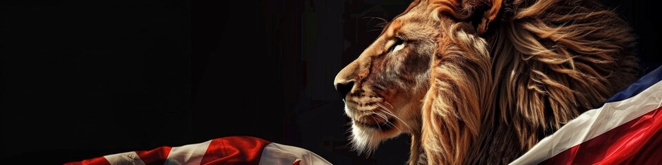 Fototapeta premium Majestic Lion Draped in British Flag: Powerful Symbol of British Pride and Strength. Striking 4K AI-Generated Wallpaper Blending National Identity with Regal Wildlife Imagery for Patriotic and Nature 