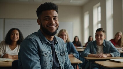 Male student sitting in university classroom looking away and smiling
