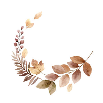 Watercolor vector fall floral wreath. Brown and terracotta leaves for rustic wedding design, greeting cards, thanksgiving decoration. Hand painted illustration.