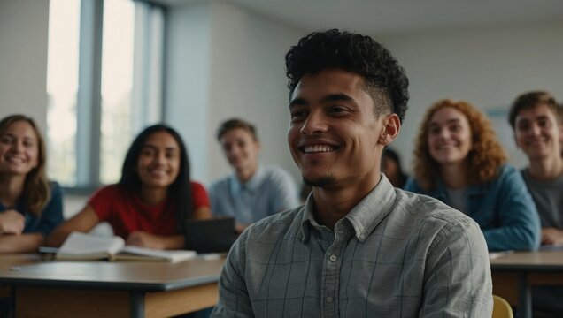 Male student sitting in university classroom looking away and smiling