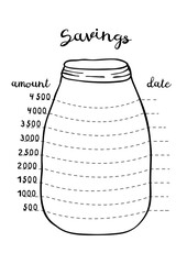 Vector illustration for printable with a jar. Minimalist planner for Savings, Budget Tracker.