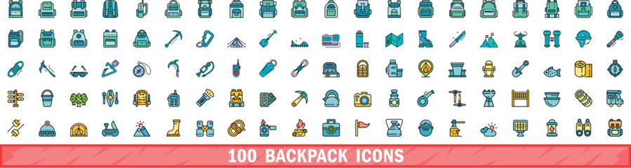 100 backpack icons set. Color line set of backpack vector icons thin line color flat on white