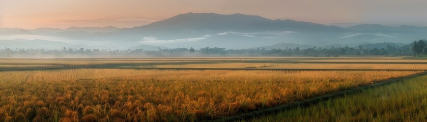 Obraz premium Misty morning in scenic rice fields with a beautiful view of mountains in the background, highlighting rural tranquility.