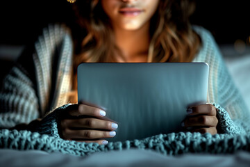 Woman in cozy sweater with tablet in close-up, business, leisure time, reading