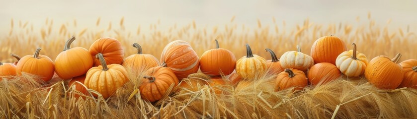 Variety of pumpkins and gourds arranged in a wheat field, highlighting the autumn harvest season with vibrant colors..