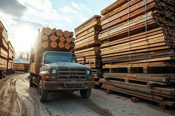 Naklejka premium Truck loaded with lumber parked in a sunlit lumberyard 