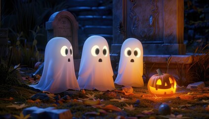 Three cute cartoon ghosts sitting on the groundat graveyard looking at a jack-o-lantern pumpkin. Cute and spooky Halloween background.
