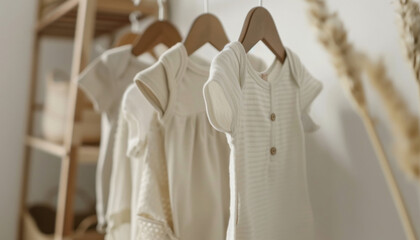 Baby bodysuits hanging on rack