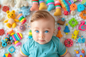 Obraz premium cute baby laying surrounded by toys
