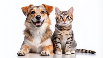 Obraz premium Adorable happy dog and curious cat sitting together in perfect harmony, isolated on a pure white background, showcasing a heartwarming animal friendship moment.