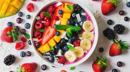 A vibrant smoothie bowl topped with an array of fresh fruits, showcasing a healthy and delicious breakfast