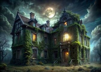 Ominous abandoned mansion with crumbling facade, overgrown with vines, and illuminated by eerie moonlight, casting long shadows on surrounding dark and misty atmosphere.
