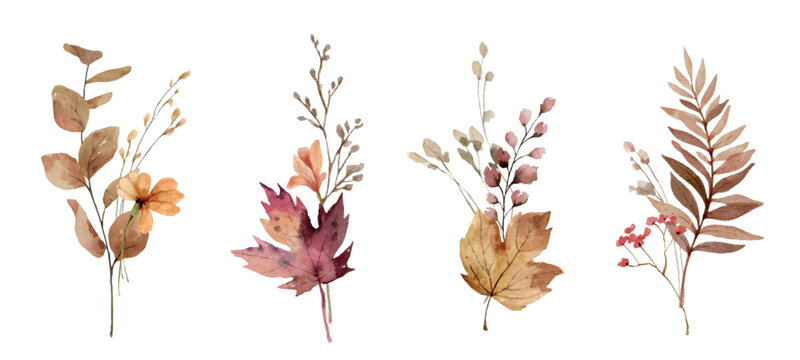 Bouquets of watercolor autumn branches and leaves. Brown, burnt orange, bordo and beige. Floral vector arrangements for rustic wedding design, greeting cards, and thanksgiving decoration.